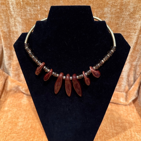 Brown and Gold Toned Mixed Material Choker Necklace - Picture 3 of 14